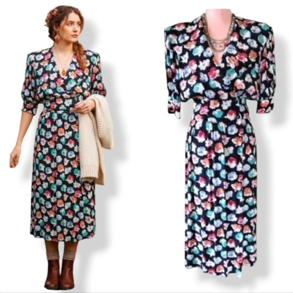 VTG 80s‎ Colorful Floral on Black Basque Waist Dress SZ 12 *fits Small